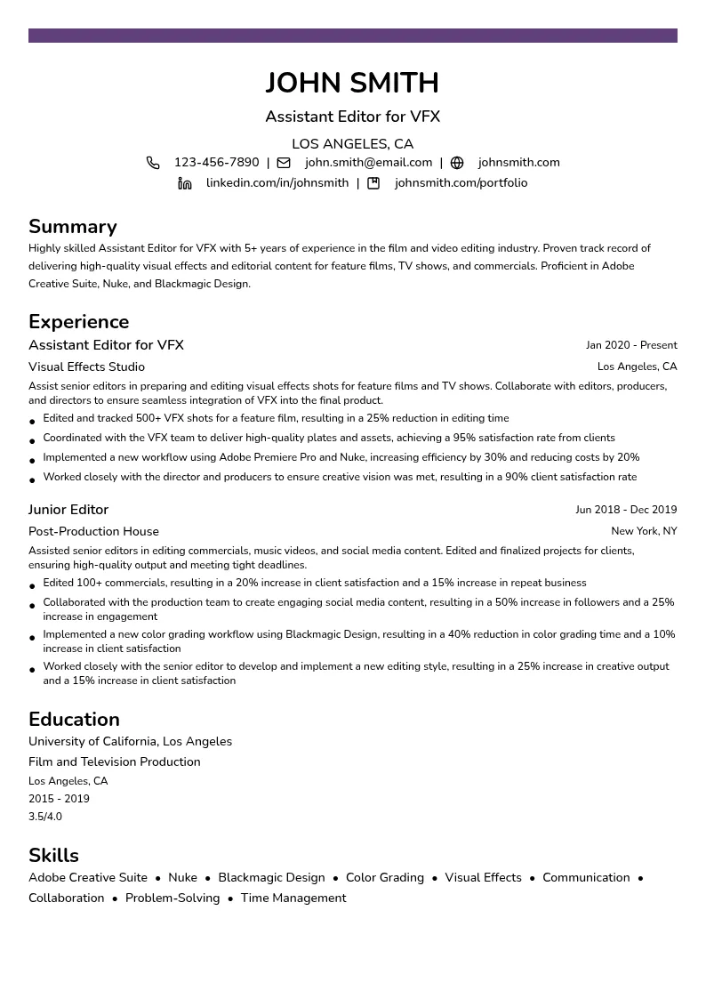 Assistant Editor for VFX resume example