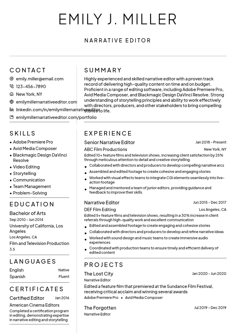 Narrative Editor resume example
