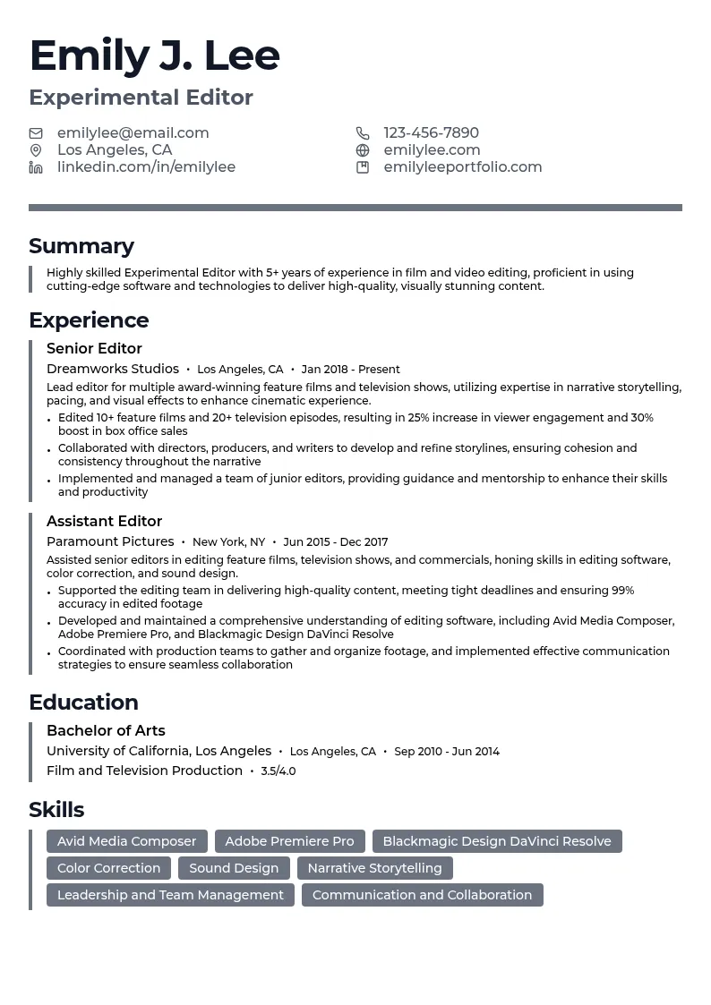 Experimental Editor resume example