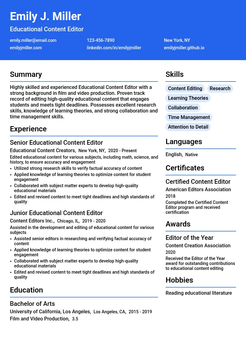 Educational Content Editor resume example