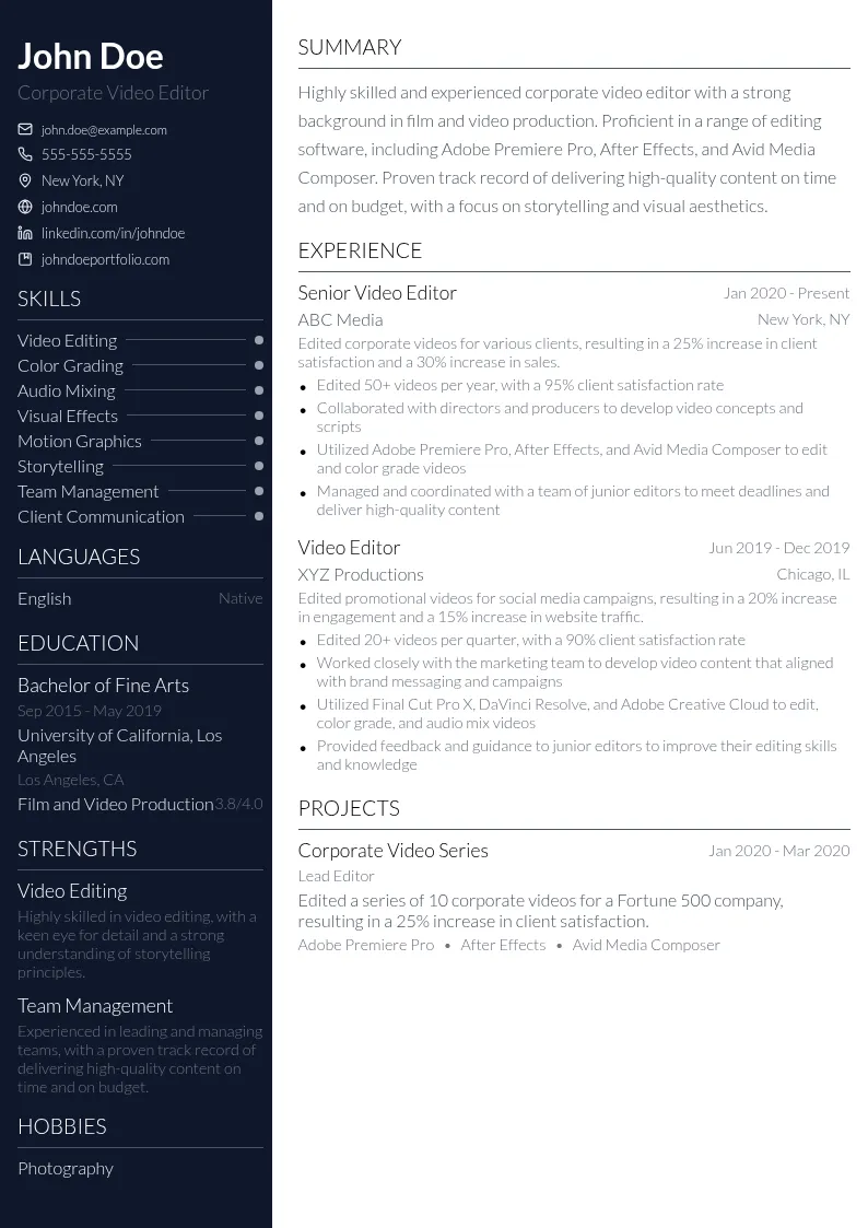 Corporate Video Editor resume example