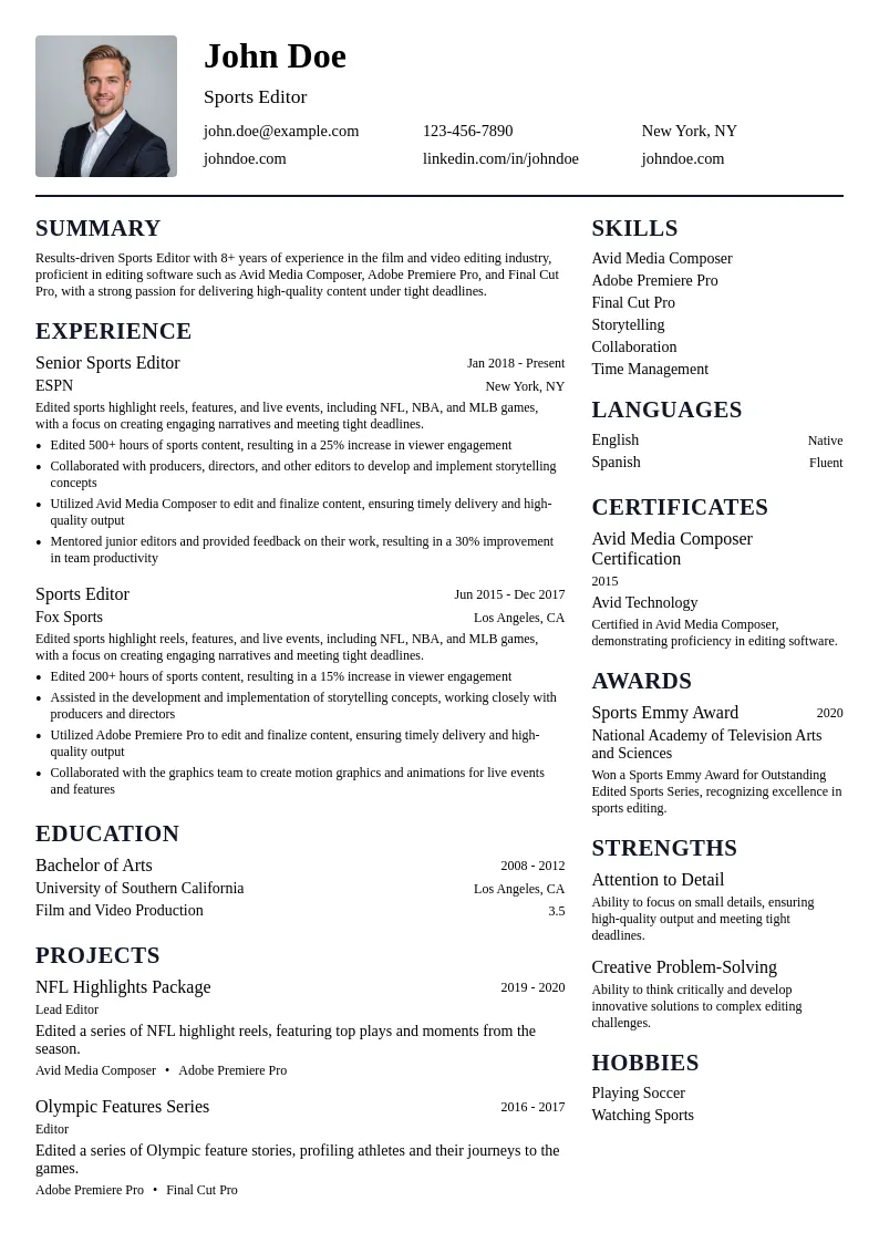 Sports Editor resume example