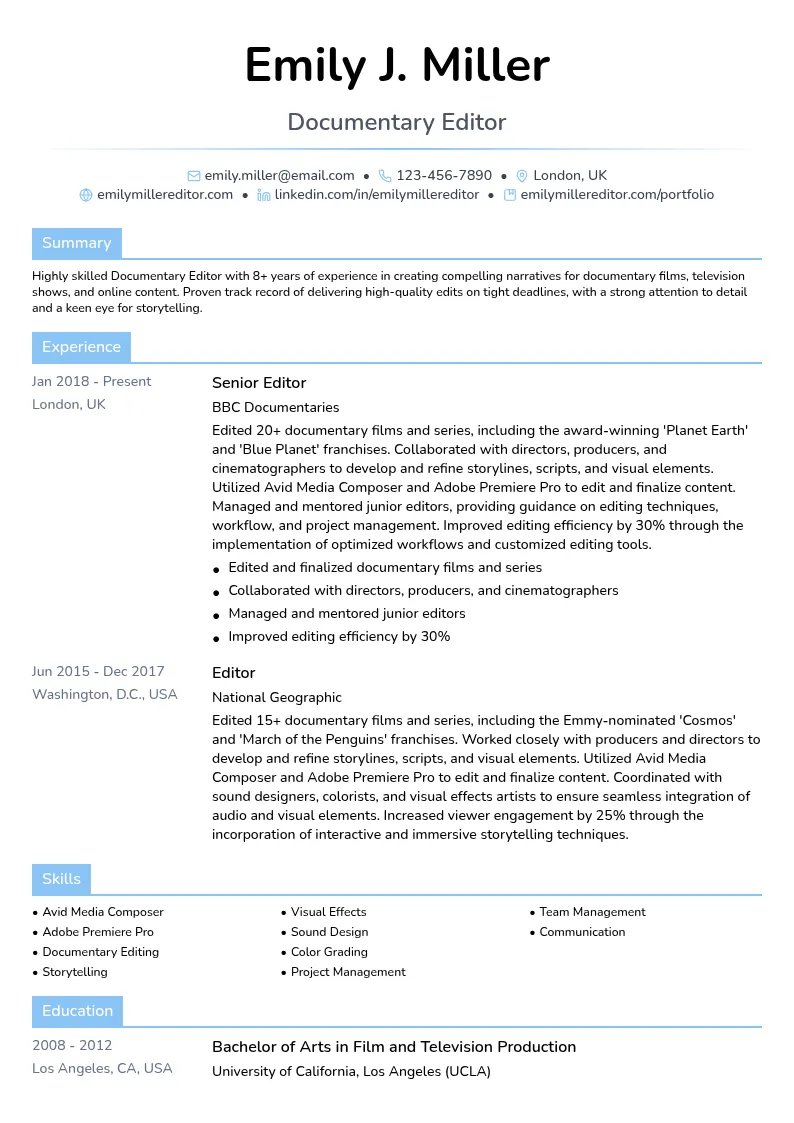 Documentary Editor resume example