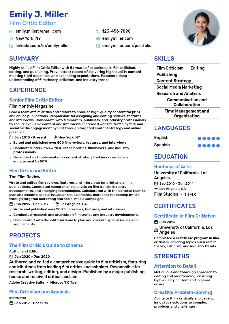 Film Critic Editor resume example