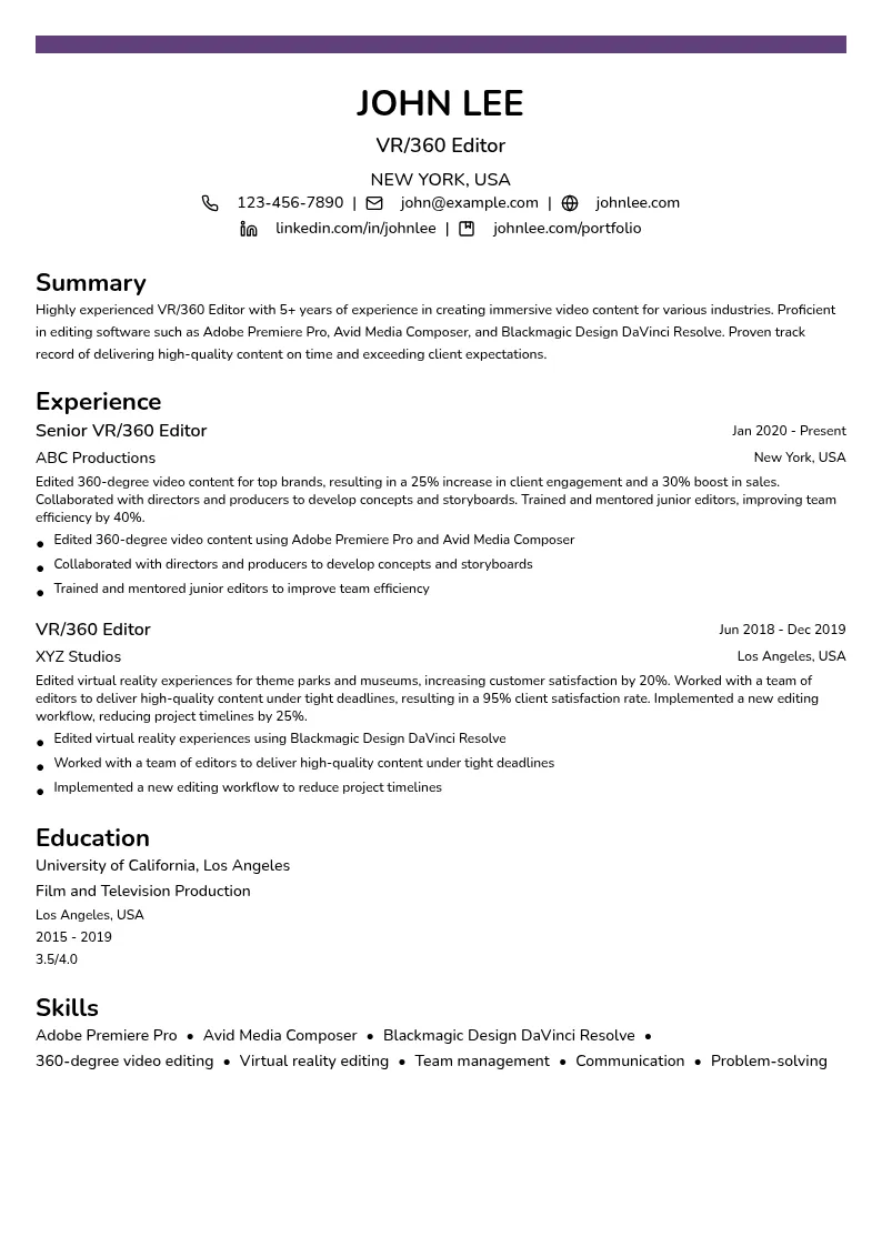 VR/360 Editor resume example