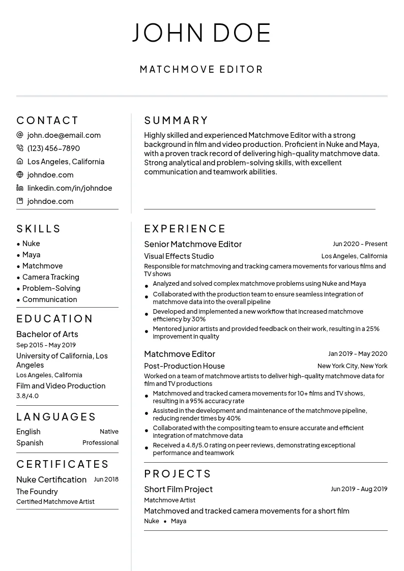 Matchmove Editor resume example