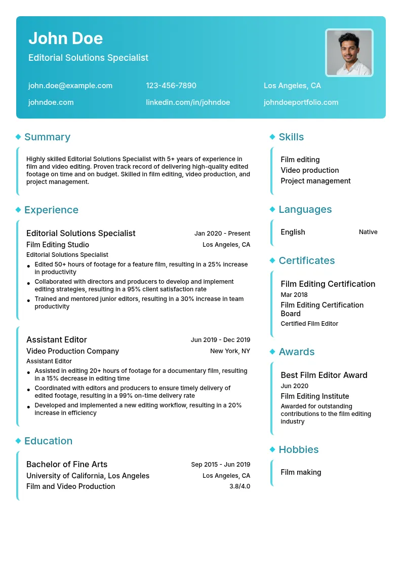 Editorial Solutions Specialist resume example