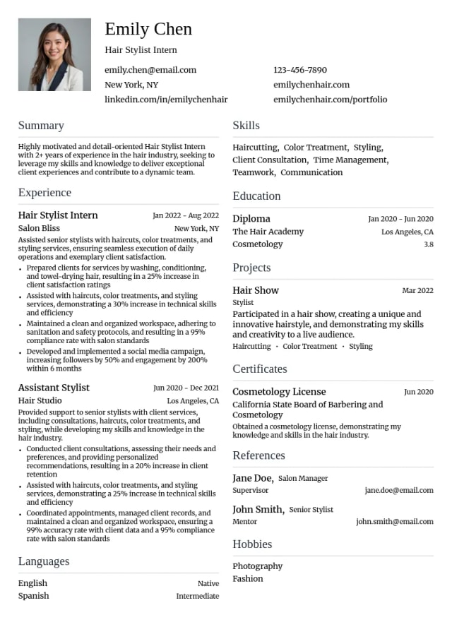 Hair Stylist Intern resume example
