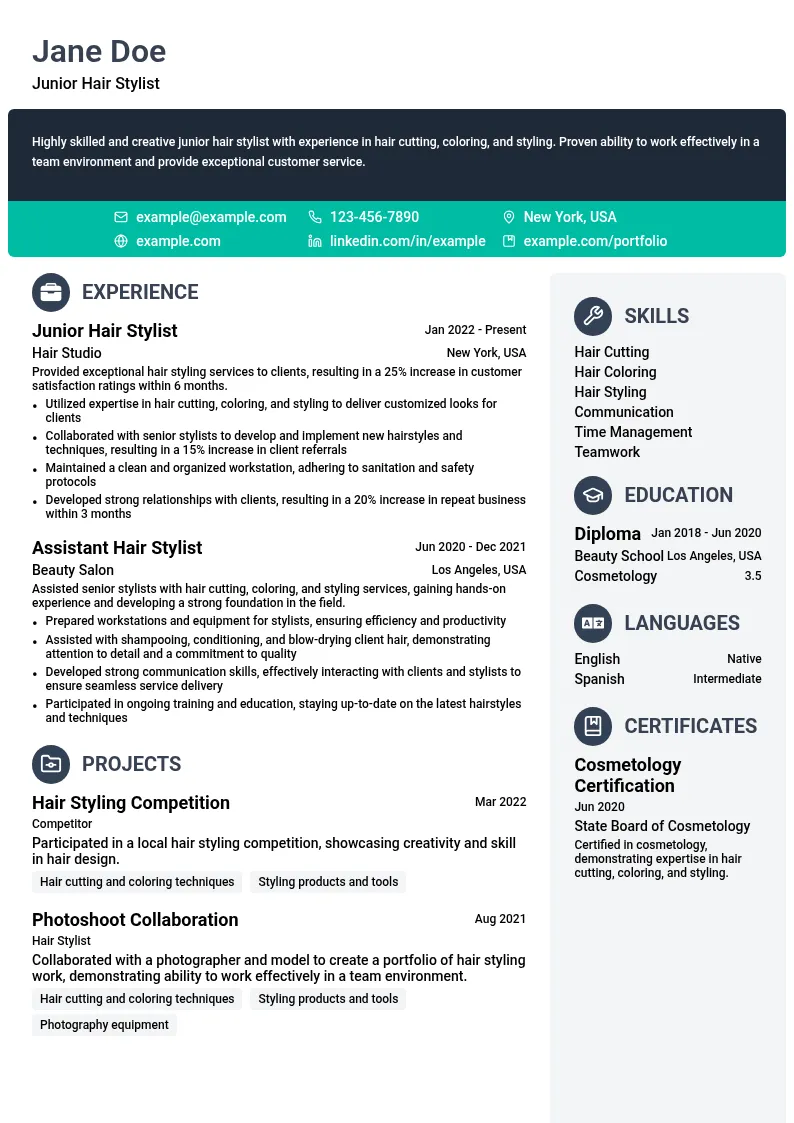 Junior Hair Stylist resume example