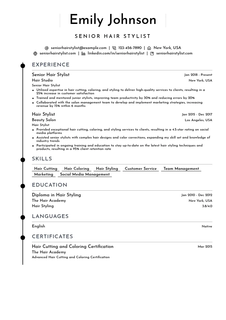 Senior Hair Stylist resume example