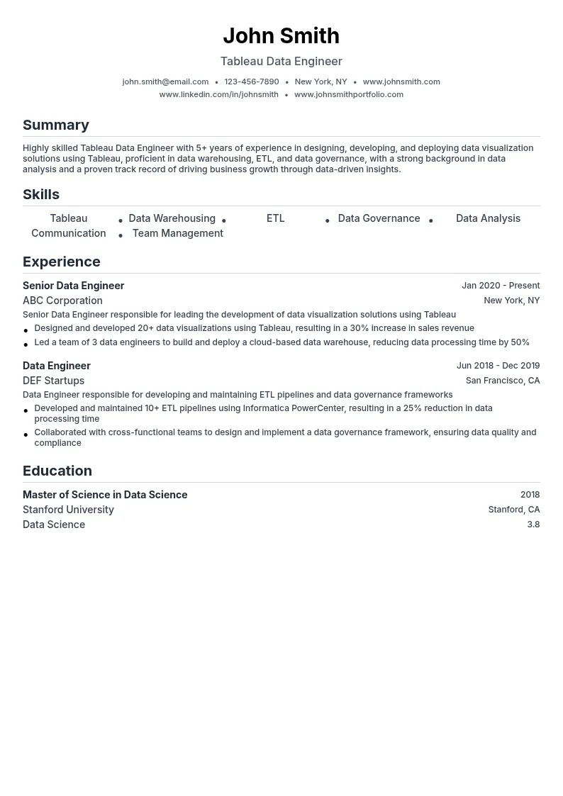 Tableau Data Engineer resume example