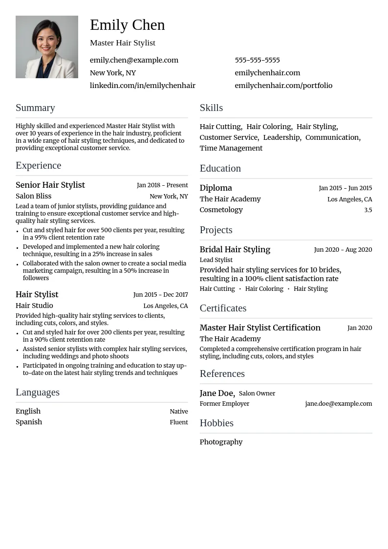 Master Hair Stylist resume example