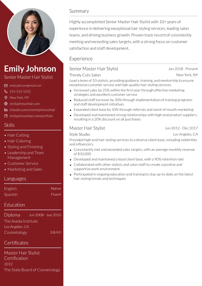 Senior Master Hair Stylist resume example