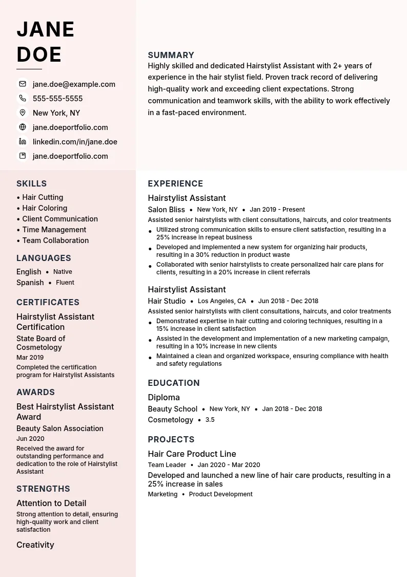 Hairstylist Assistant resume example