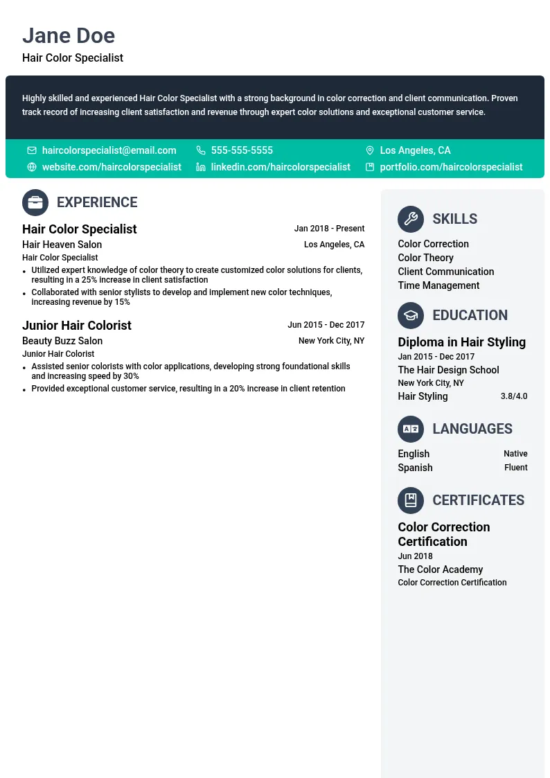 Hair Color Specialist resume example