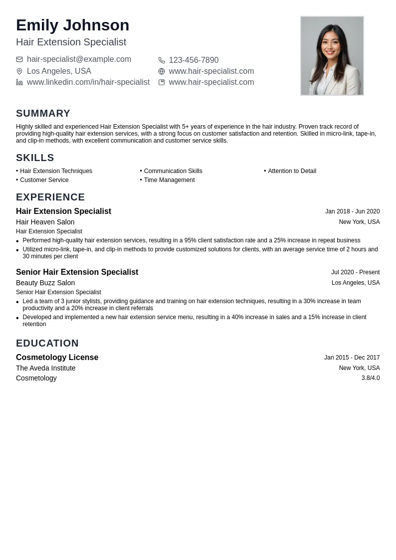 Hair Extension Specialist resume example