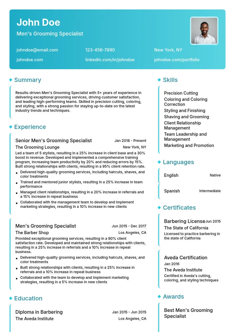 Men's Grooming Specialist resume example