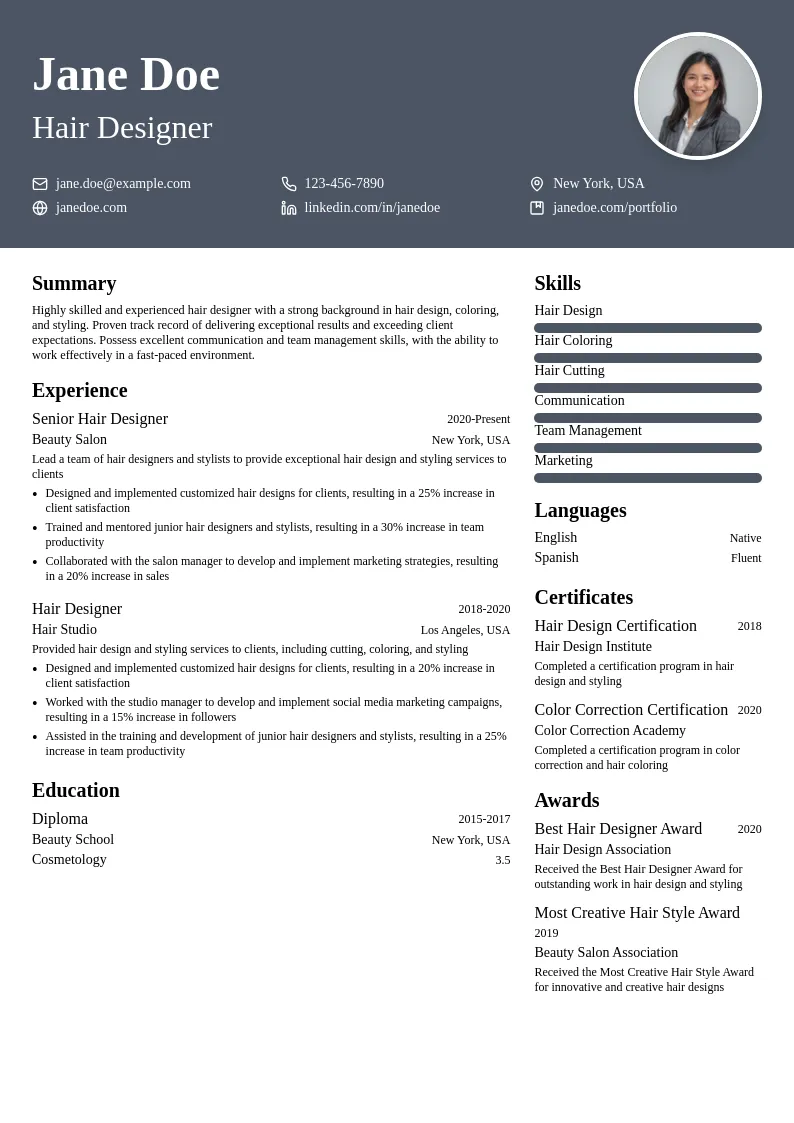 Hair Designer resume example