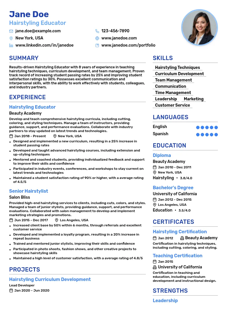 Hairstyling Educator resume example