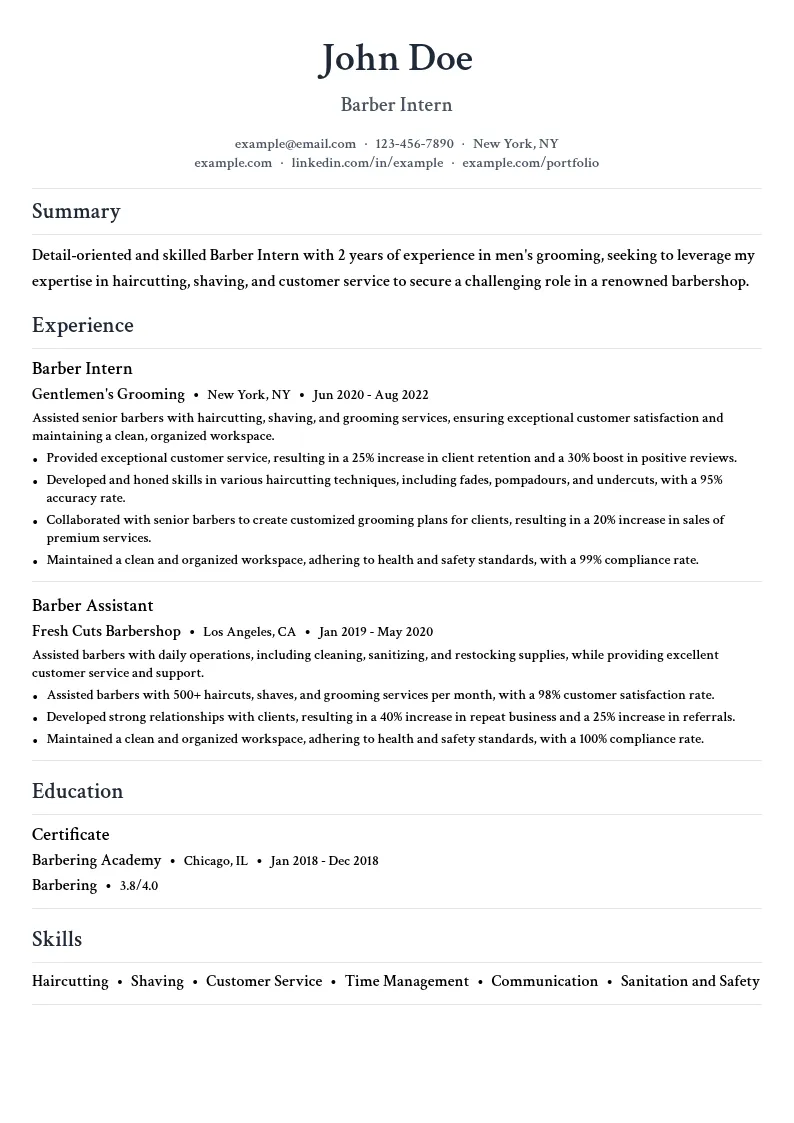 Barber Intern resume example