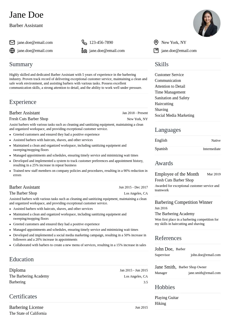 Barber Assistant resume example