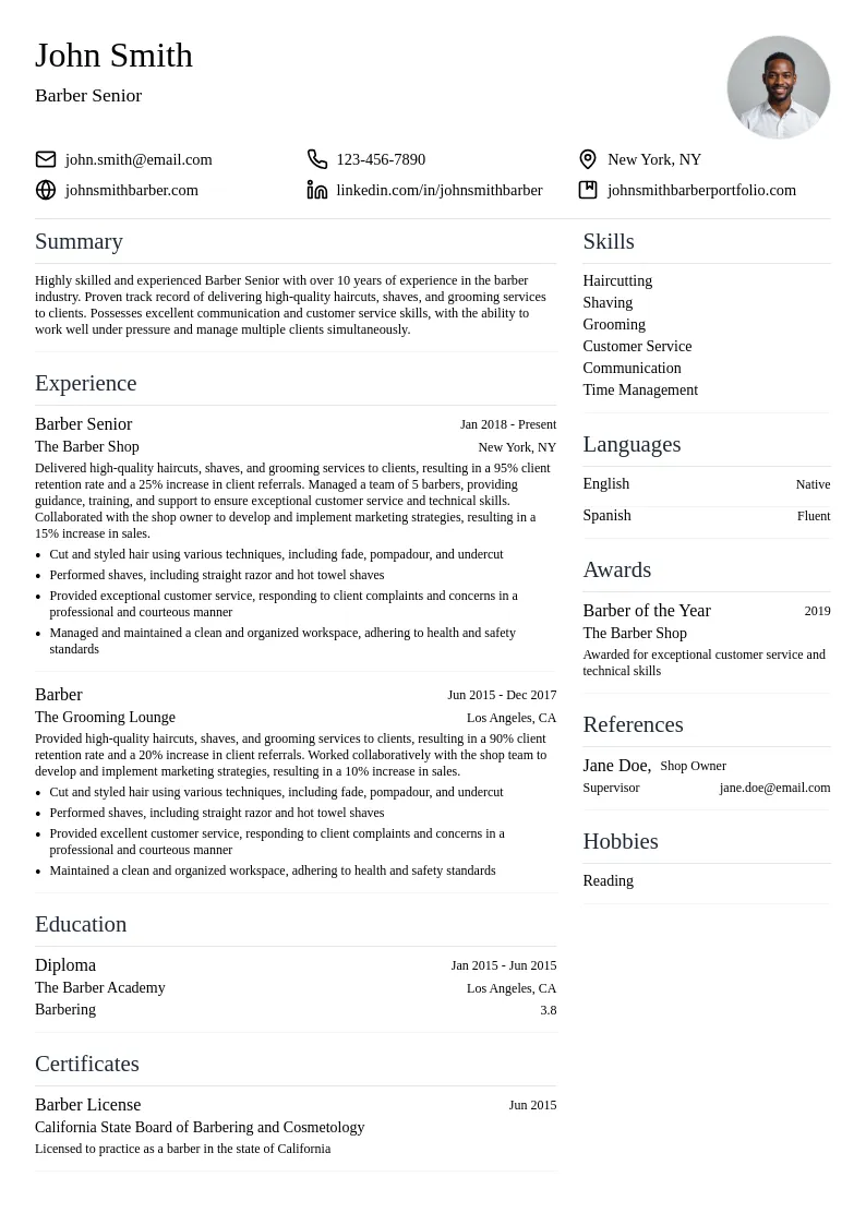 Barber Senior resume example