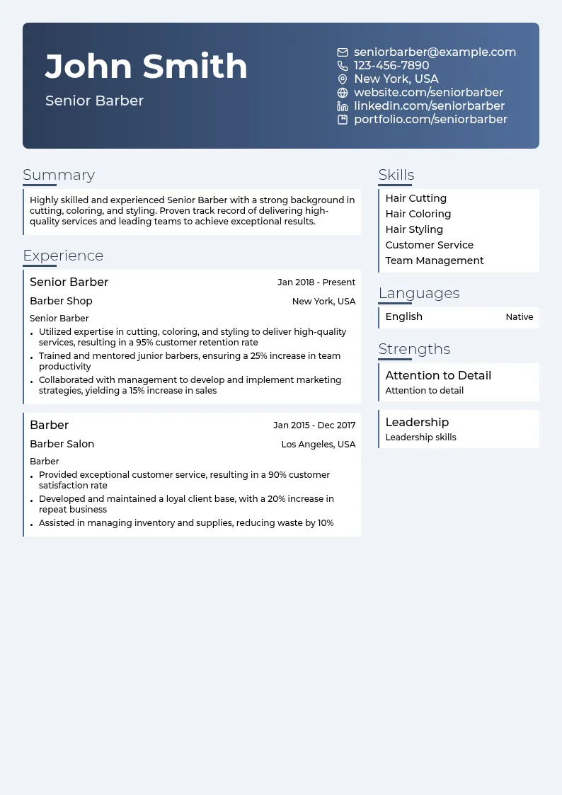 Senior Barber resume example