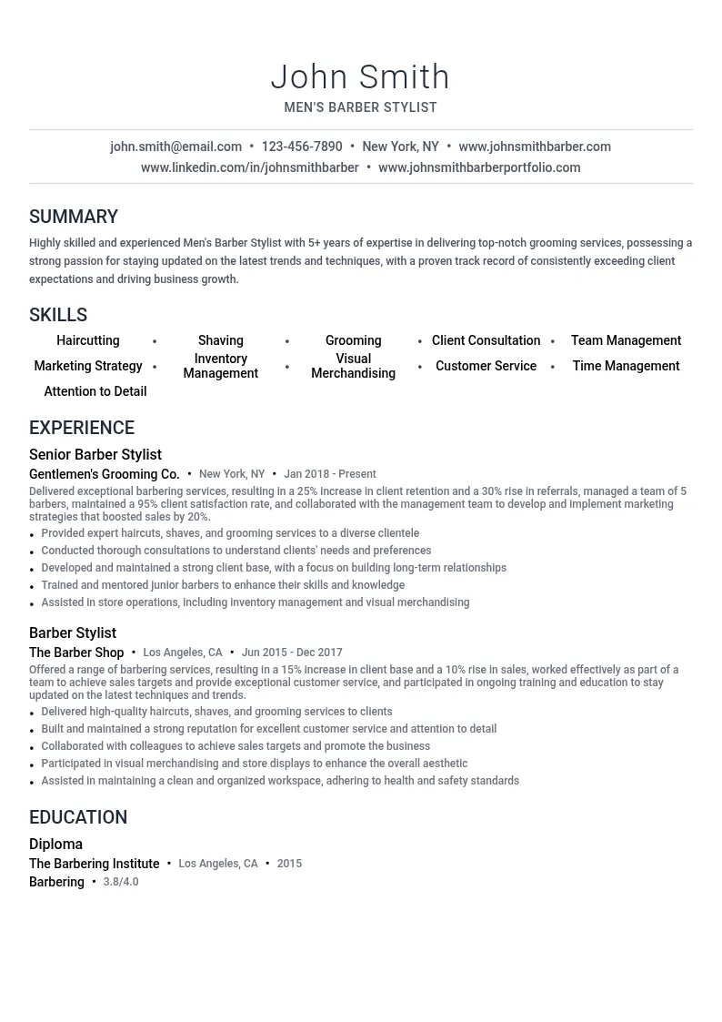 Men's Barber Stylist resume example