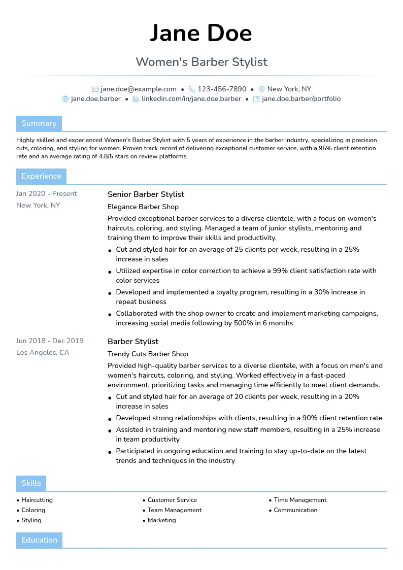 Women's Barber Stylist resume example