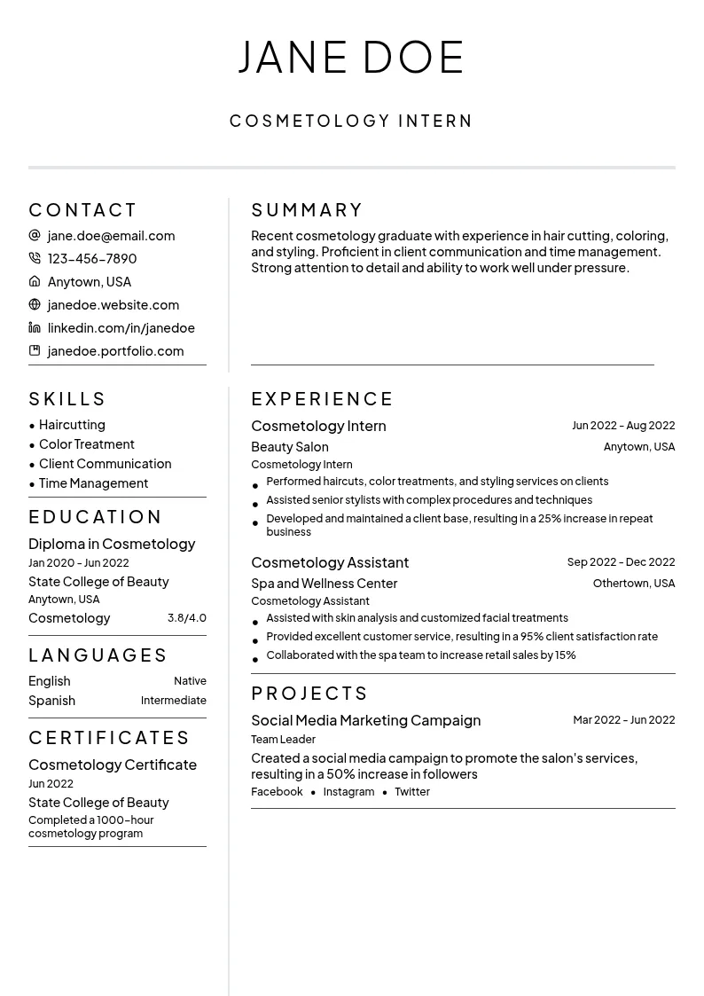 Cosmetology Intern resume example