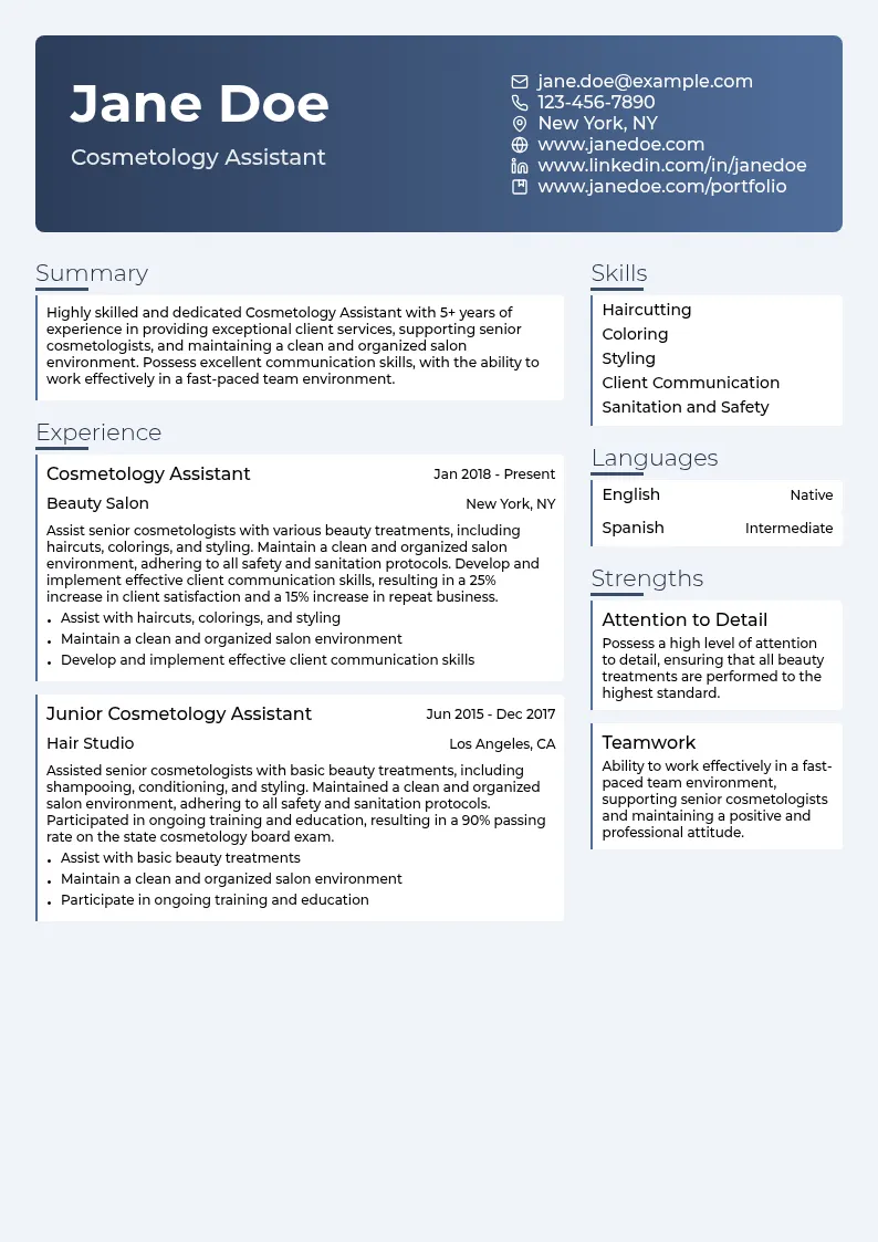 Cosmetology Assistant resume example