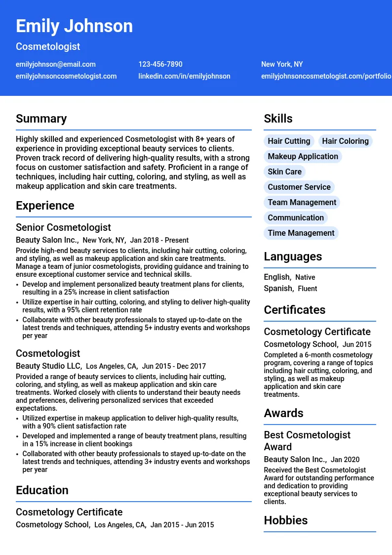 Cosmetologist resume example