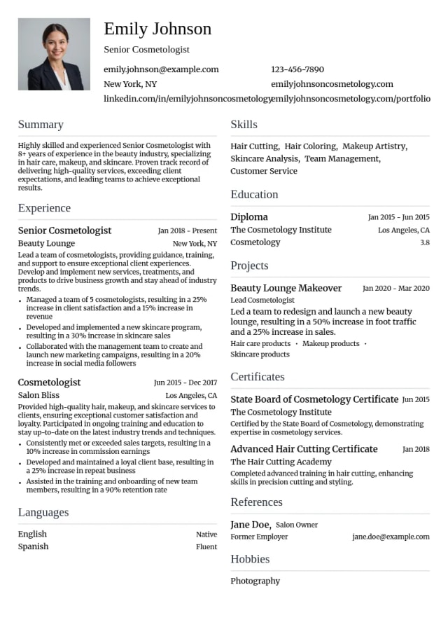 Senior Cosmetologist resume example