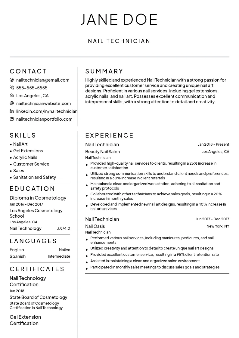 Nail Technician resume example