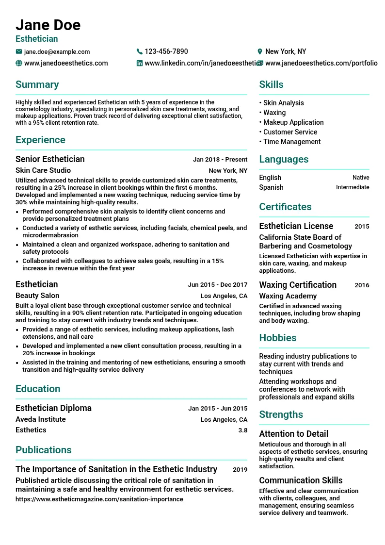 Esthetician resume example
