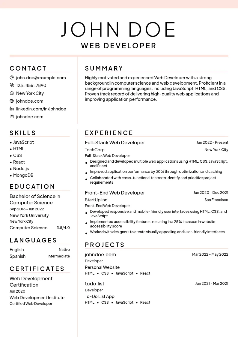 Web Developer resume example