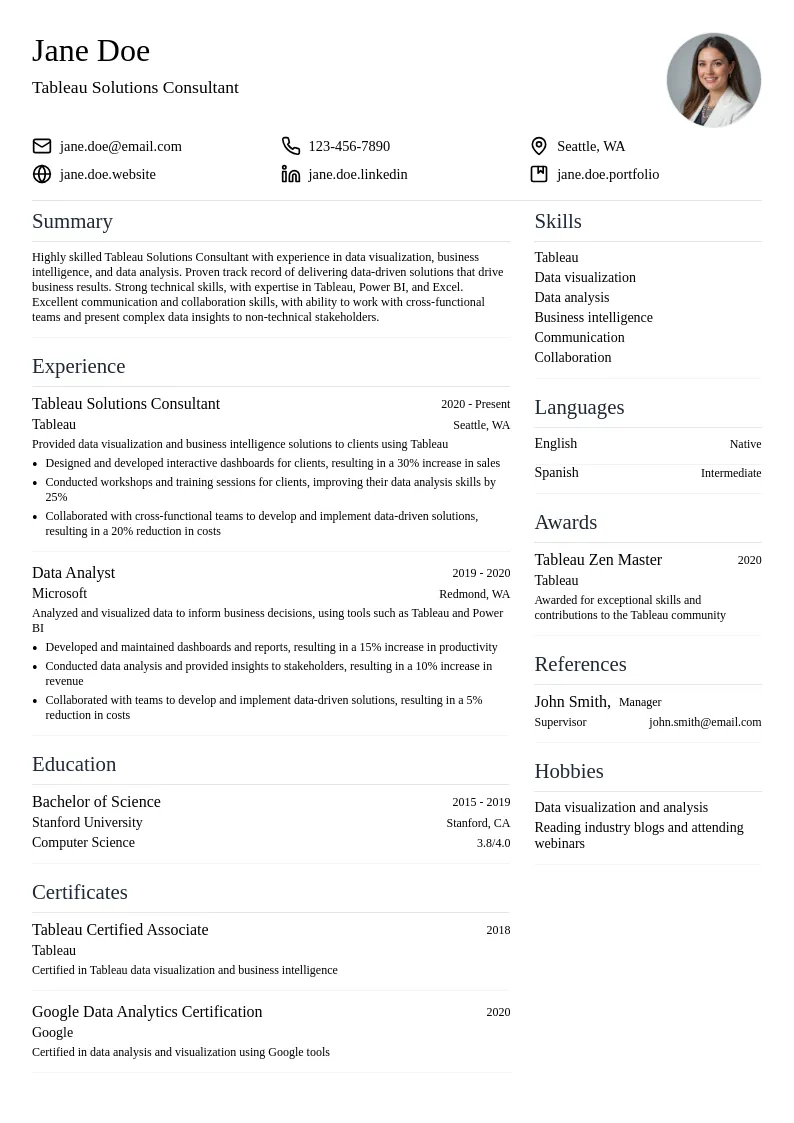 Tableau Solutions Consultant resume example