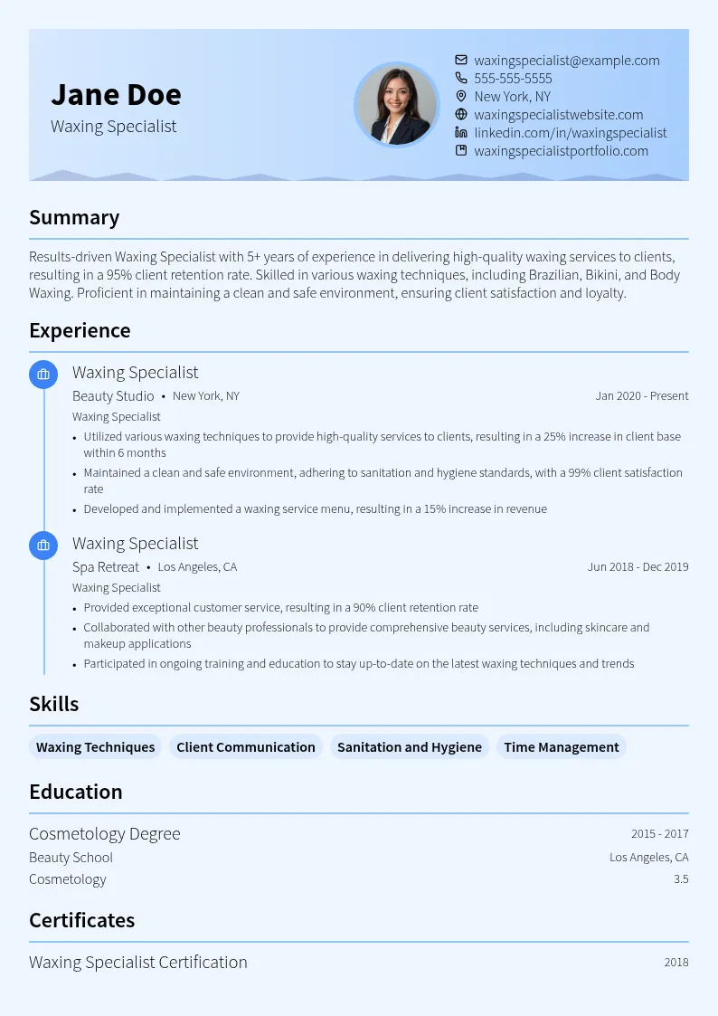 Waxing Specialist resume example