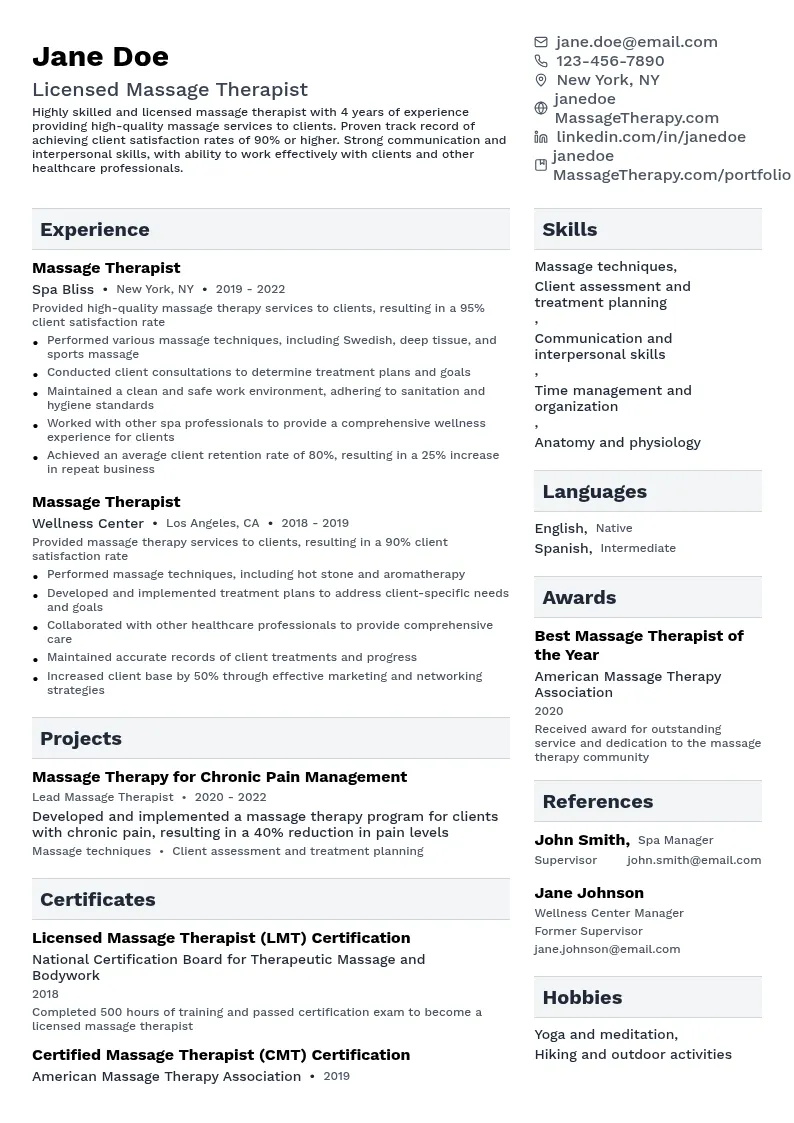 Massage Therapist resume example