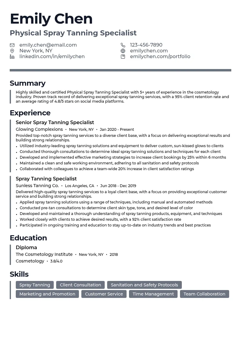 Physical Spray Tanning Specialist resume example