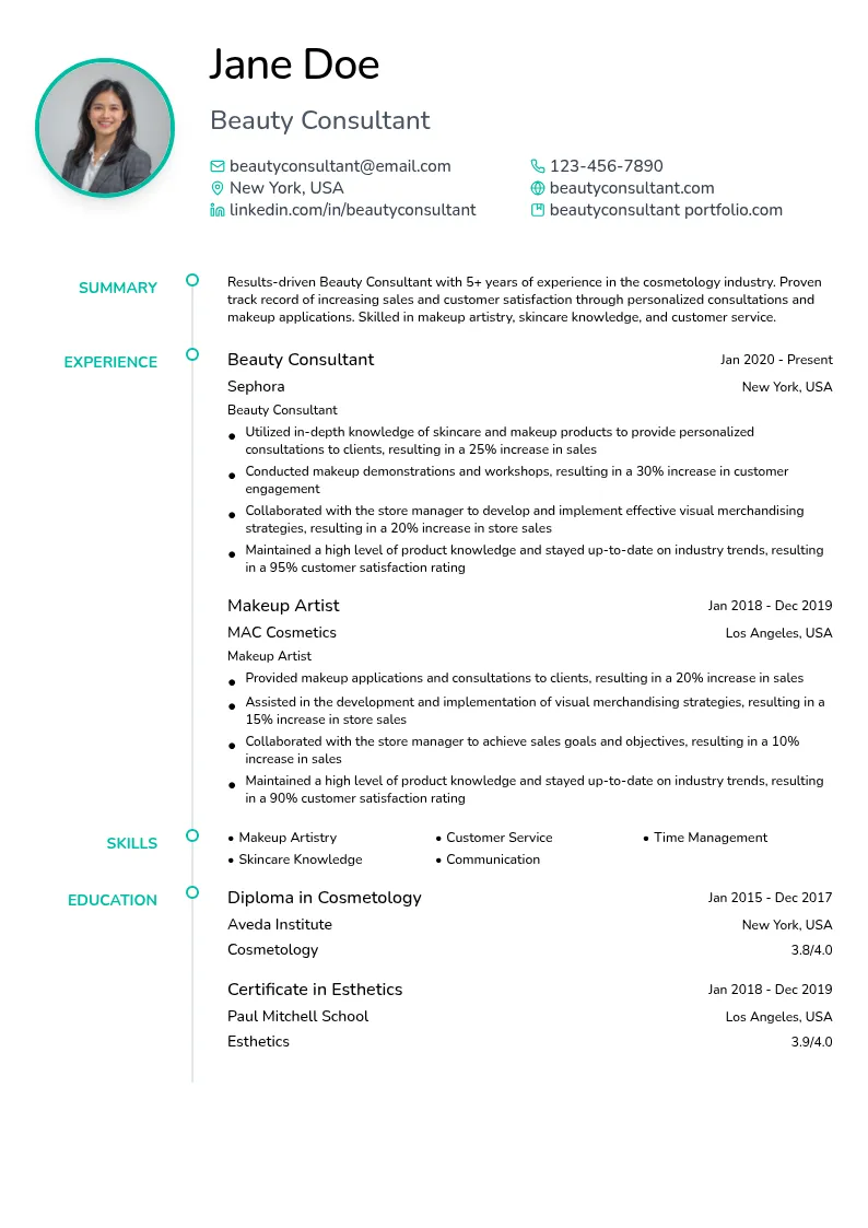 Beauty Consultant resume example