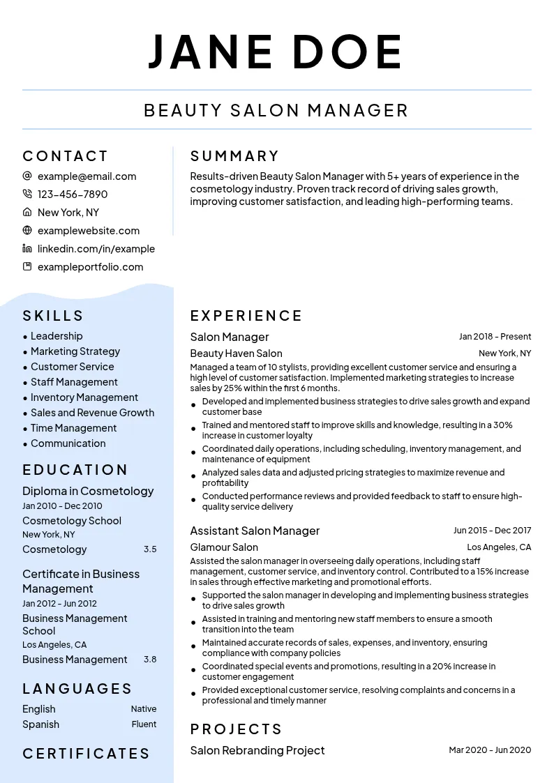 Beauty Salon Manager resume example