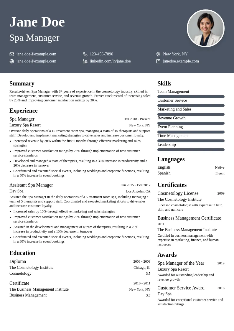 Spa Manager resume example