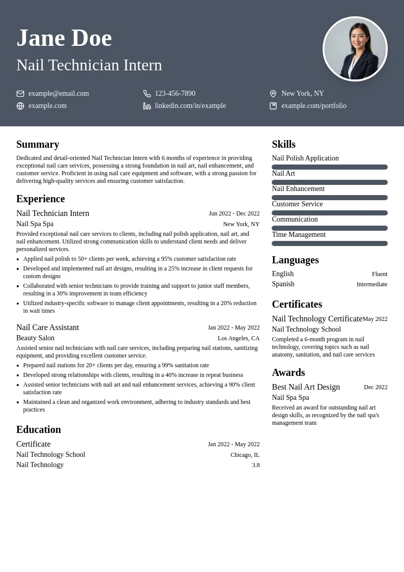 Nail Technician Intern resume example