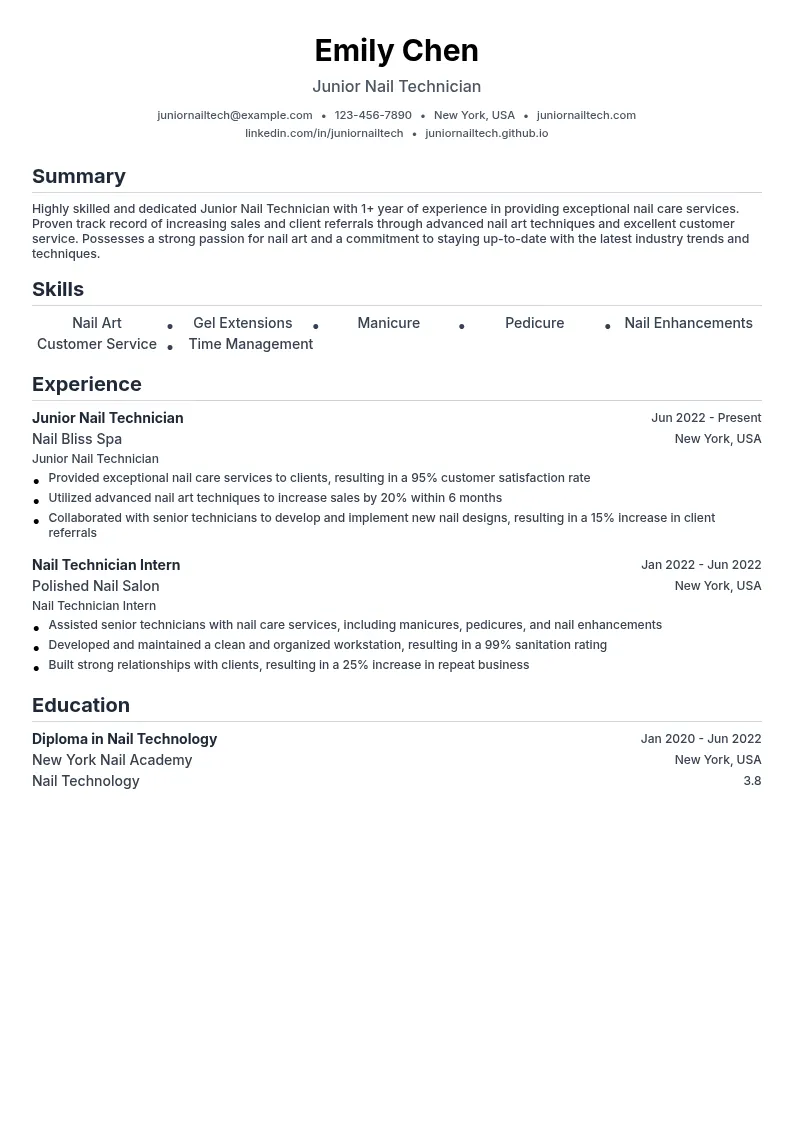 Junior Nail Technician resume example