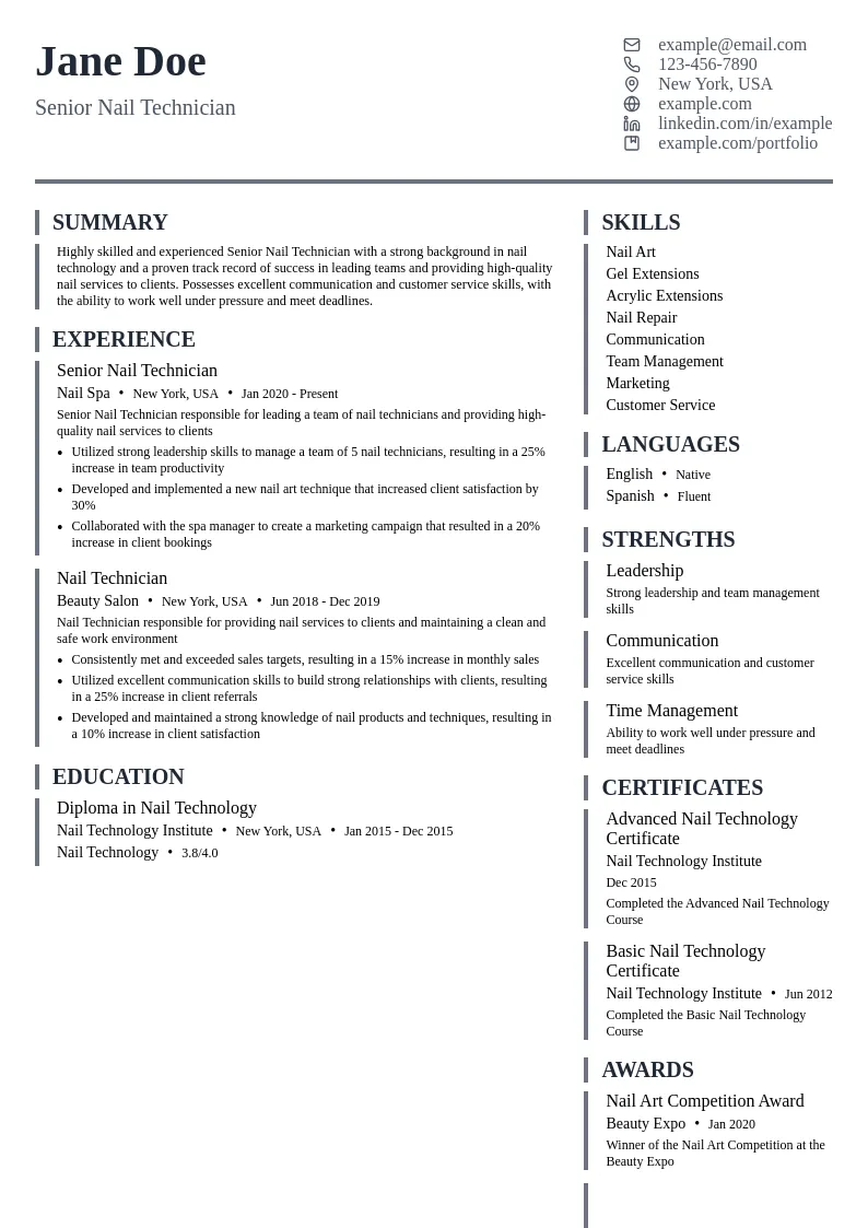Senior Nail Technician resume example