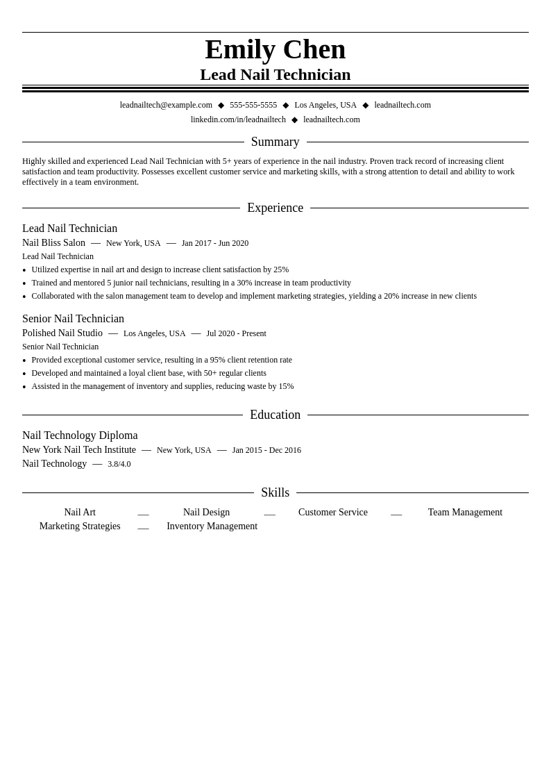 Lead Nail Technician resume example