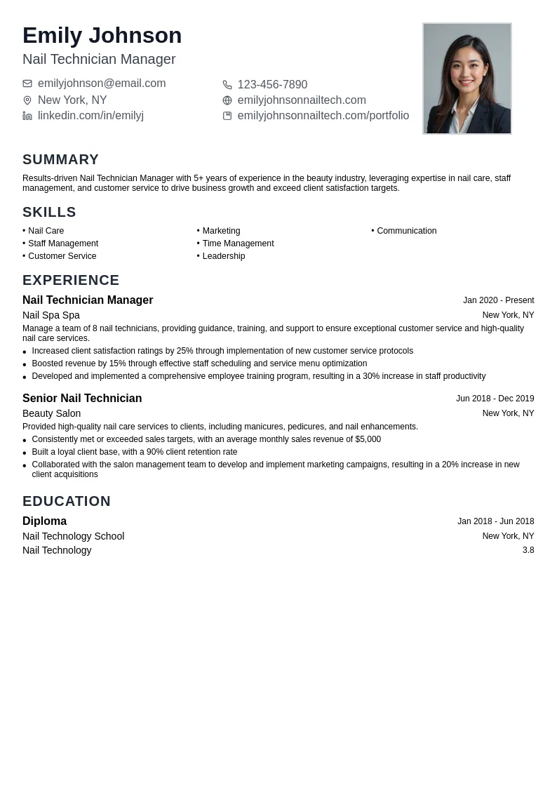 Nail Technician Manager resume example