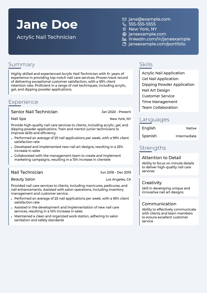 Acrylic Nail Technician resume example