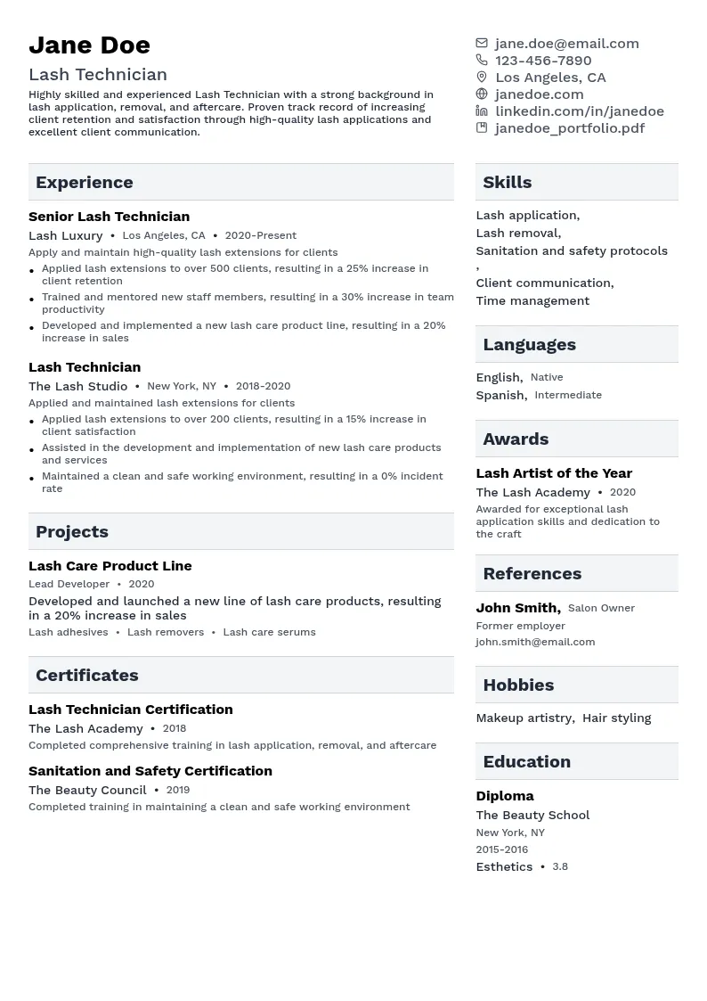 Lash Technician resume example